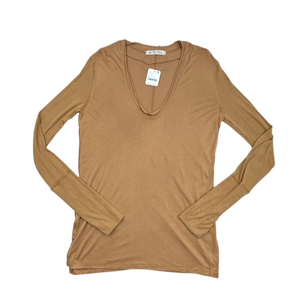 Free People Top Women Small Golden Nugget Long Sleeve Deep V-Neck Exposed Seam